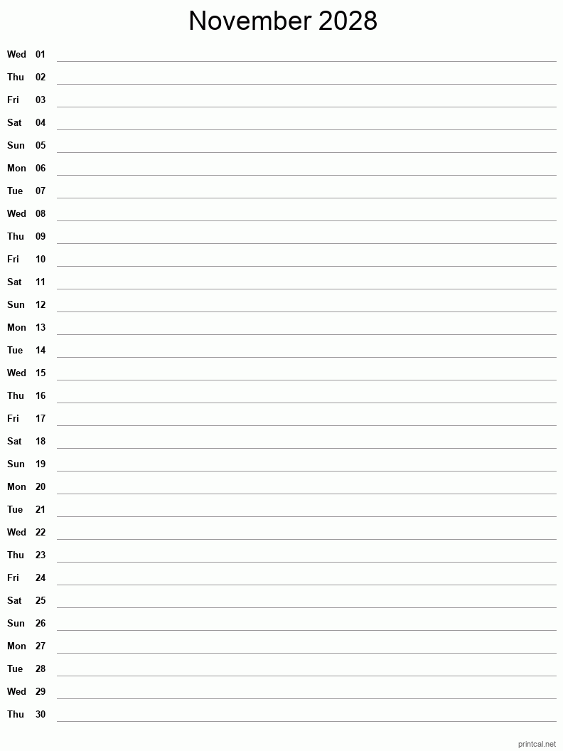 November 2028 Printable Calendar - Single Column Notesheet