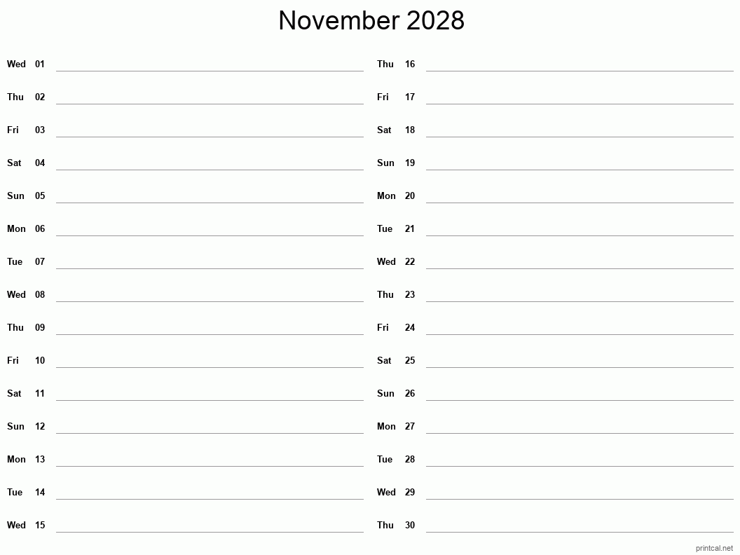 November 2028 Printable Calendar - Two Column Notesheet