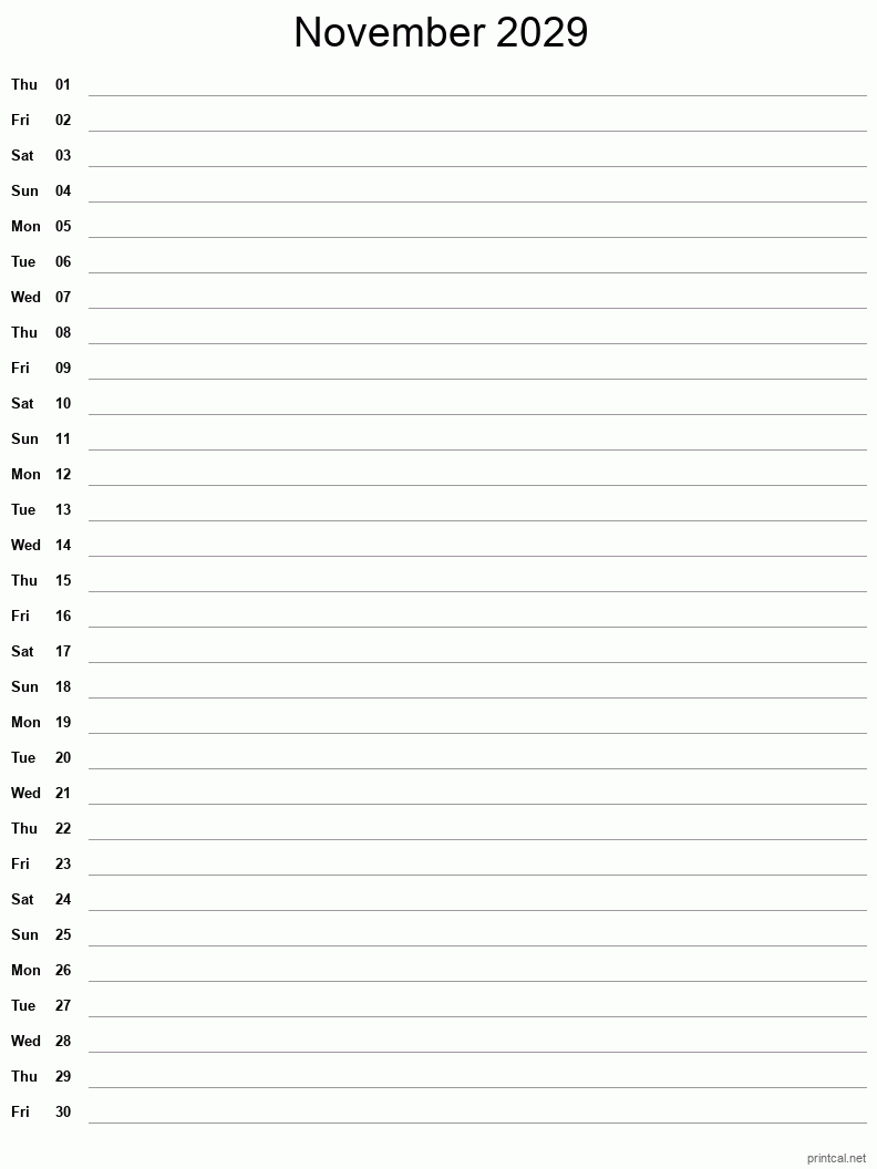 November 2029 Printable Calendar - Single Column Notesheet