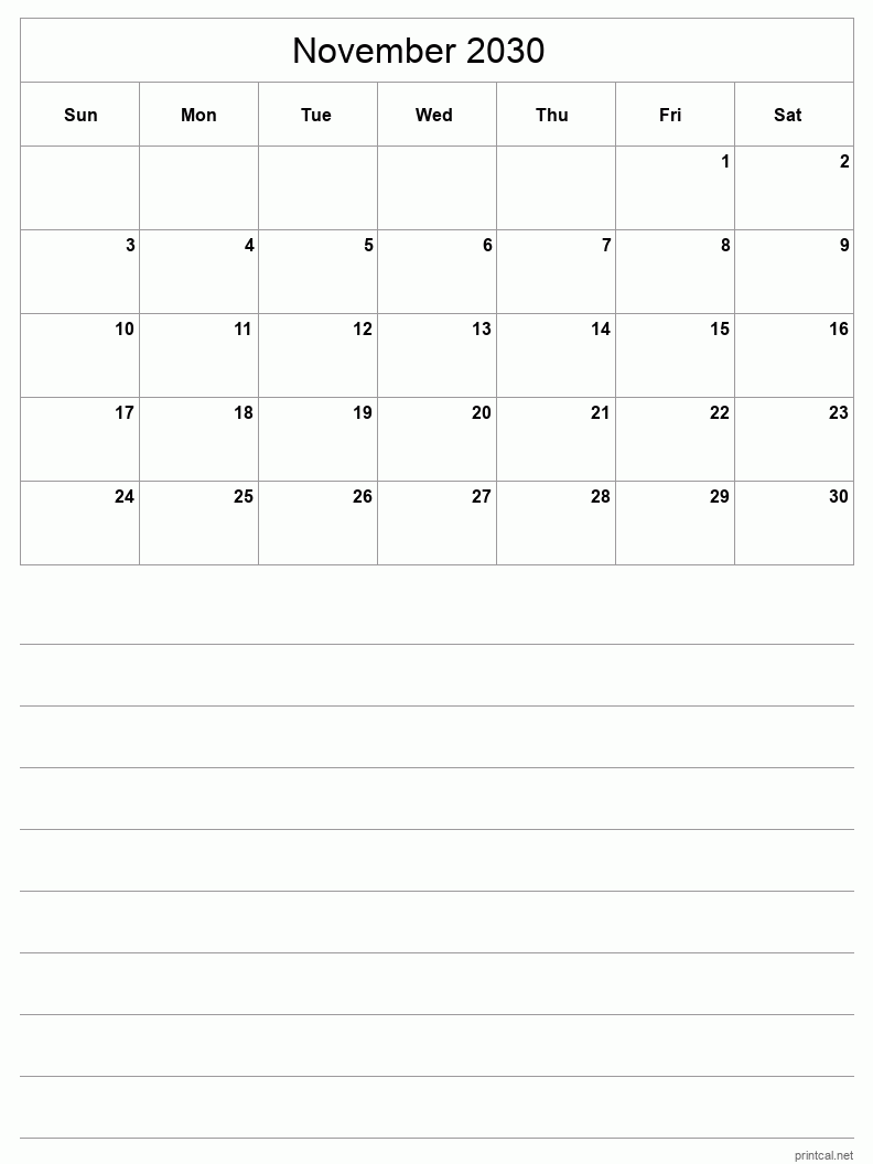 November 2030 Printable Calendar - Half-Page With Notesheet