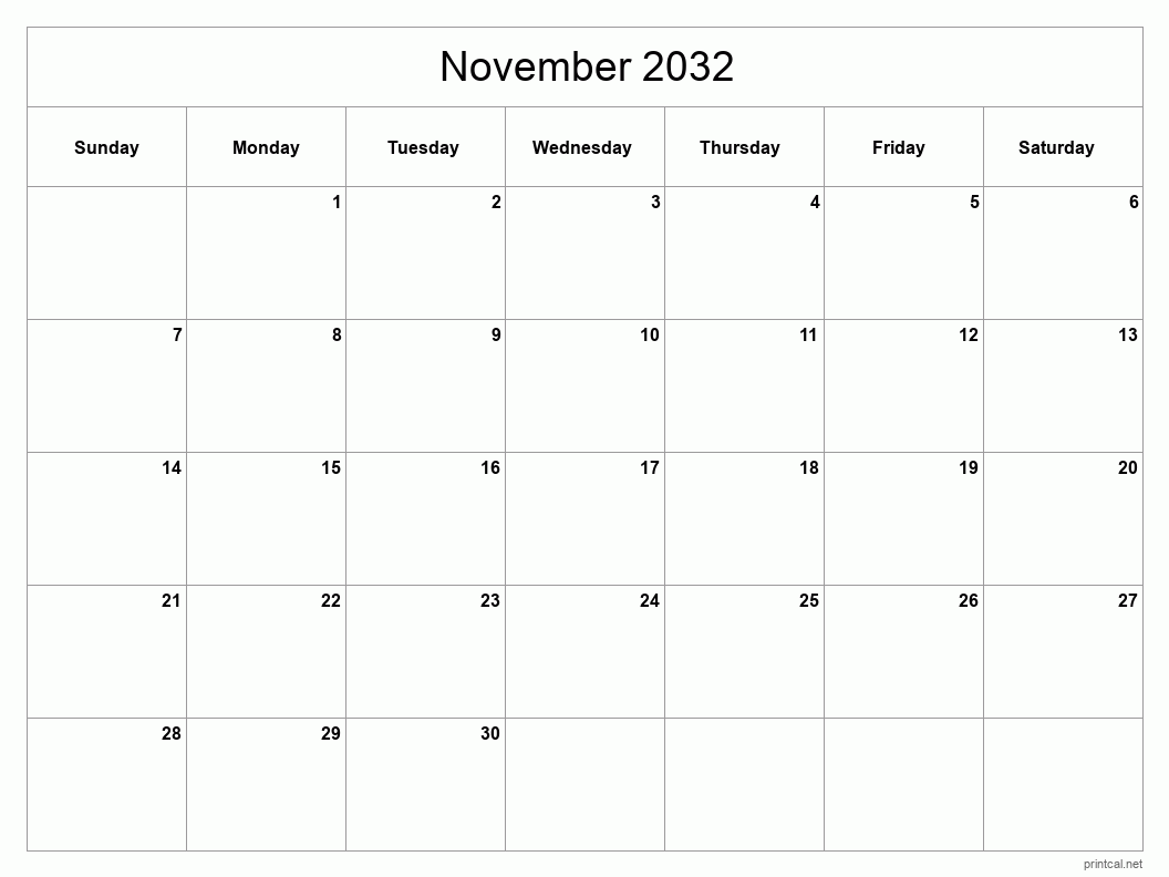 November 2032 Printable Calendar - Classic Blank Sheet