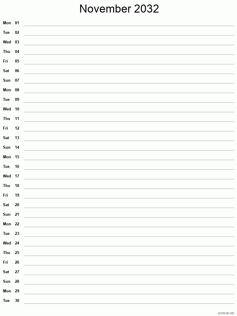 November 2032 Printable Calendar - Single Column Notesheet