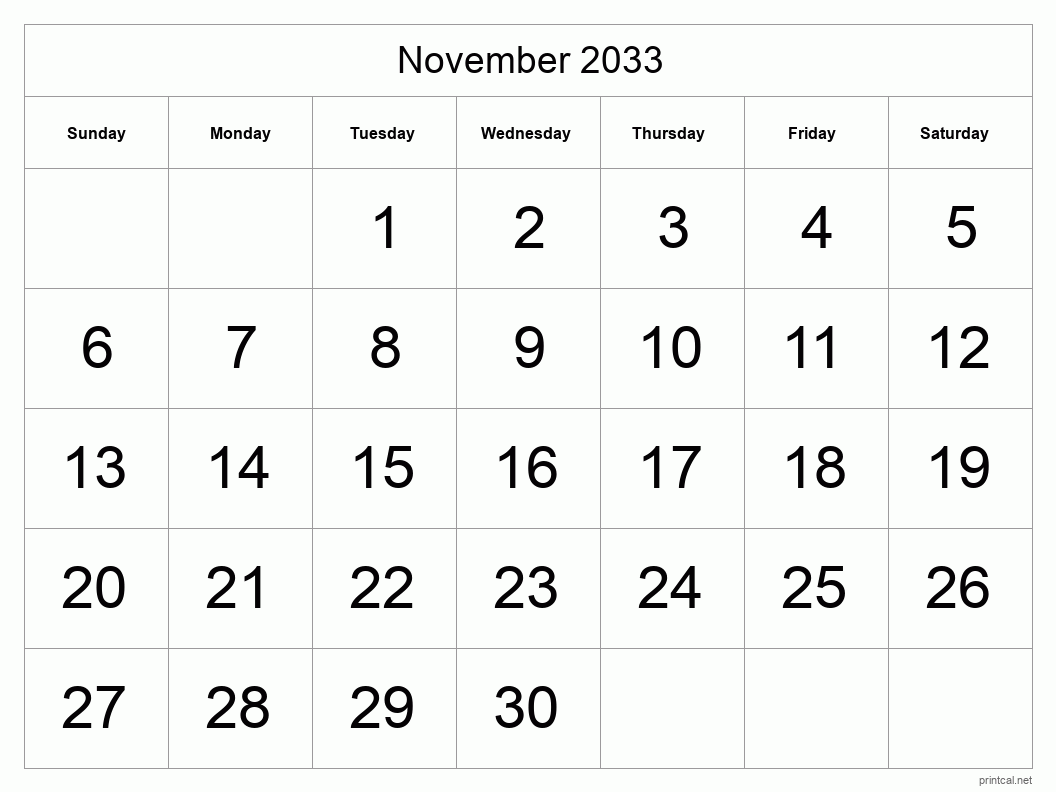 November 2033 Printable Calendar - Big Dates