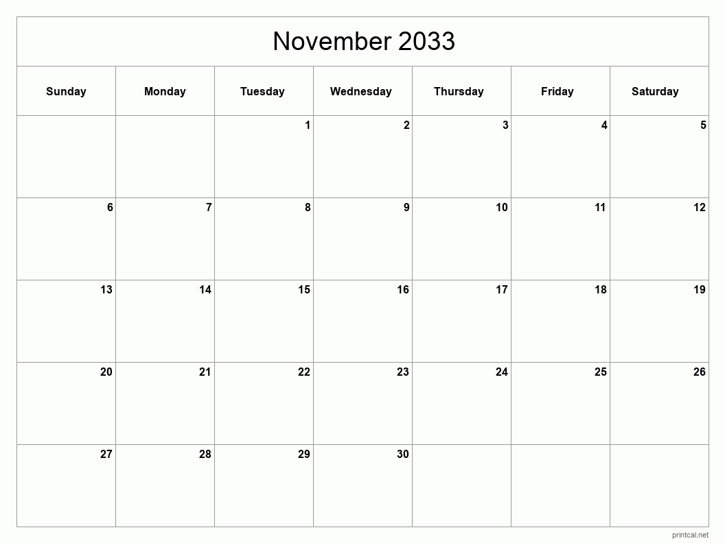 November 2033 Printable Calendar - Classic Blank Sheet