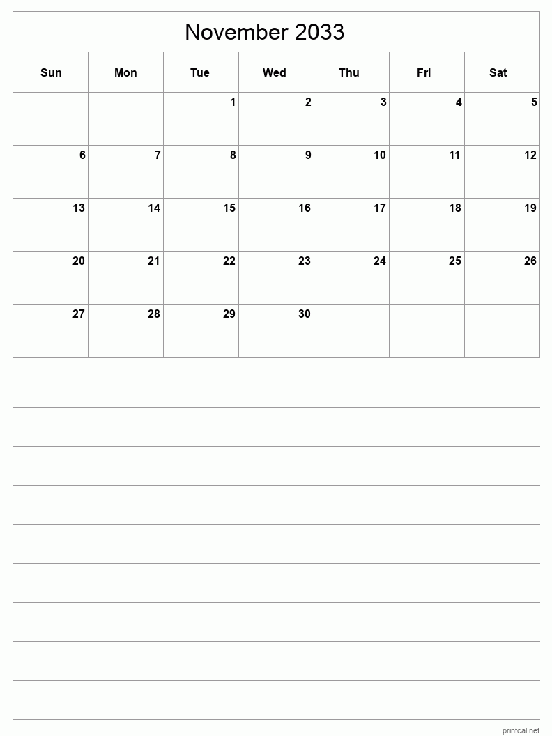 November 2033 Printable Calendar - Half-Page With Notesheet