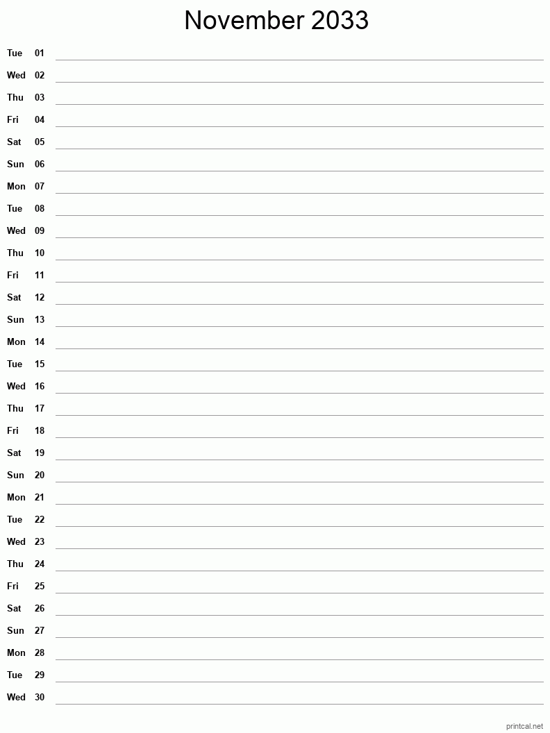 November 2033 Printable Calendar - Single Column Notesheet