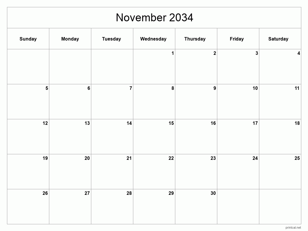November 2034 Printable Calendar - Classic Blank Sheet