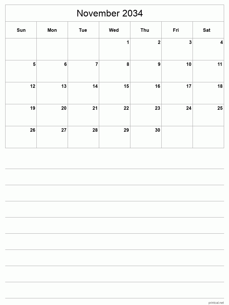 November 2034 Printable Calendar - Half-Page With Notesheet