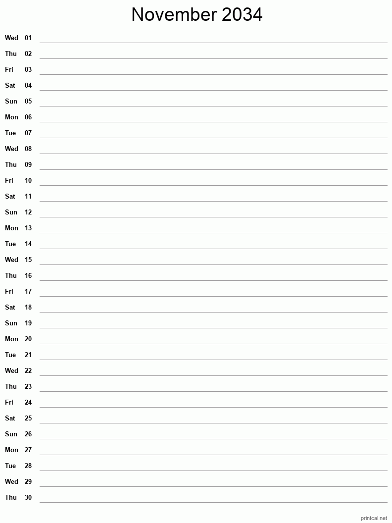 November 2034 Printable Calendar - Single Column Notesheet