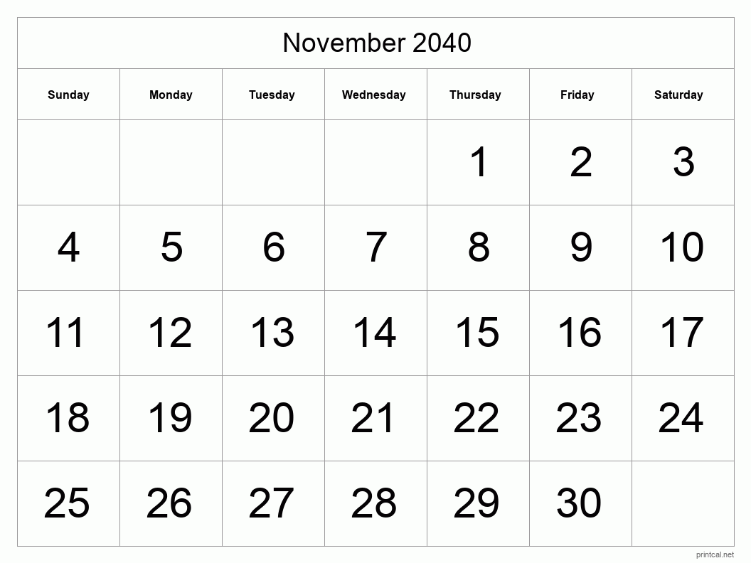 November 2040 Printable Calendar - Big Dates