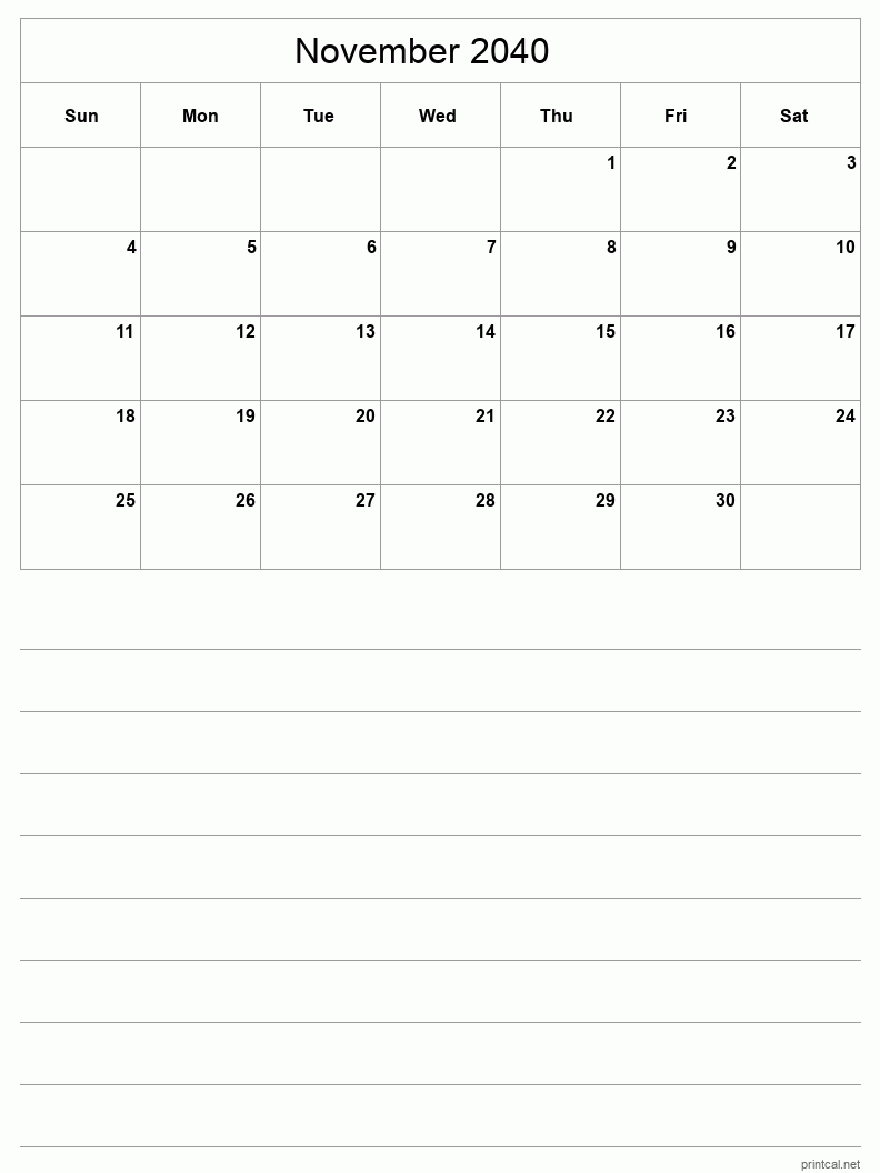 November 2040 Printable Calendar - Half-Page With Notesheet