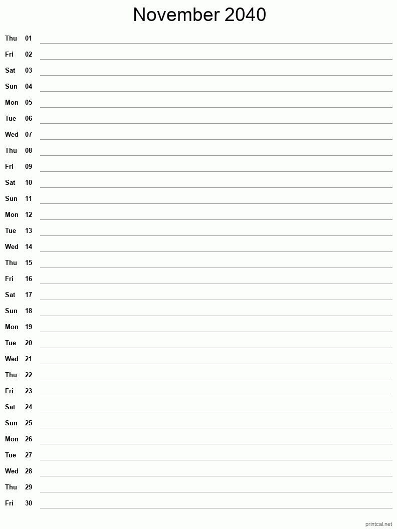 November 2040 Printable Calendar - Single Column Notesheet