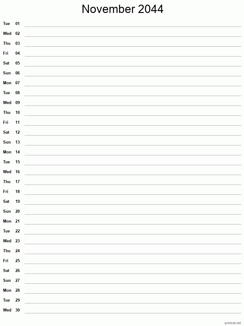 November 2044 Printable Calendar - Single Column Notesheet