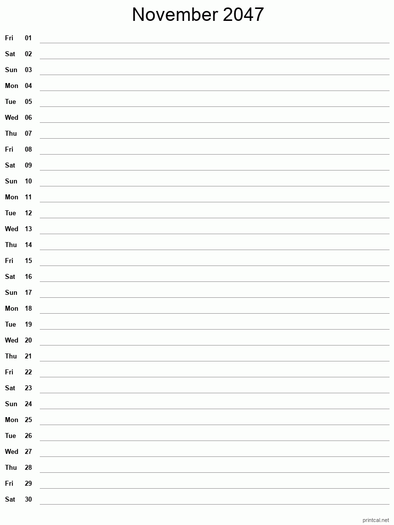 November 2047 Printable Calendar - Single Column Notesheet