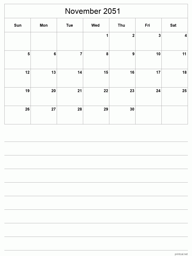 November 2051 Printable Calendar - Half-Page With Notesheet