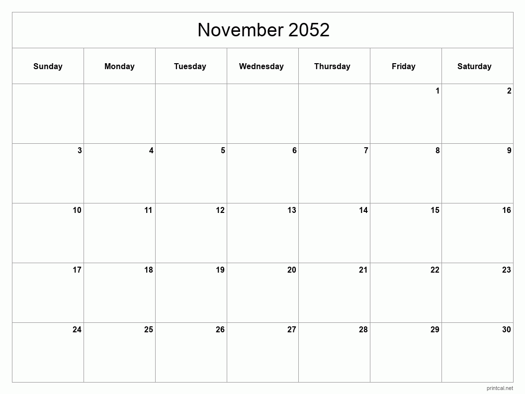 November 2052 Printable Calendar - Classic Blank Sheet