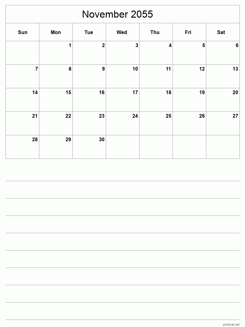 November 2055 Printable Calendar - Half-Page With Notesheet