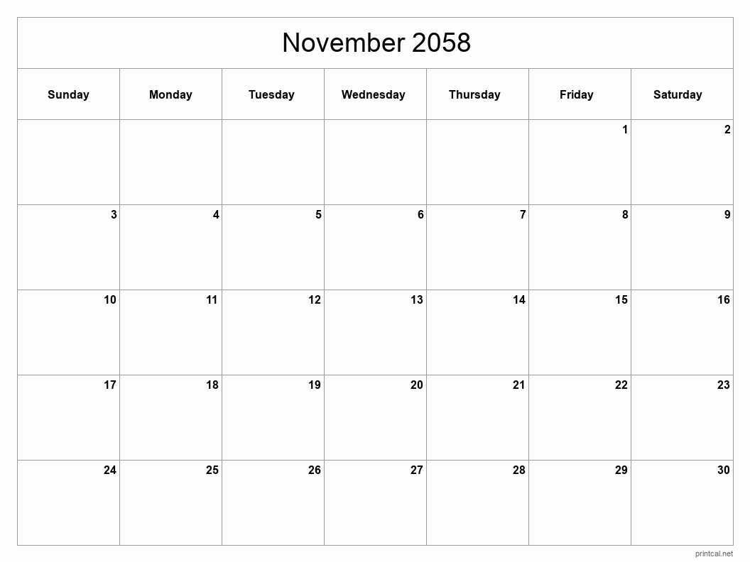 November 2058 Printable Calendar - Classic Blank Sheet