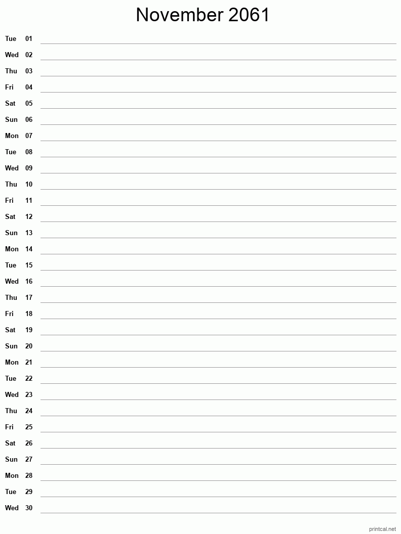 November 2061 Printable Calendar - Single Column Notesheet