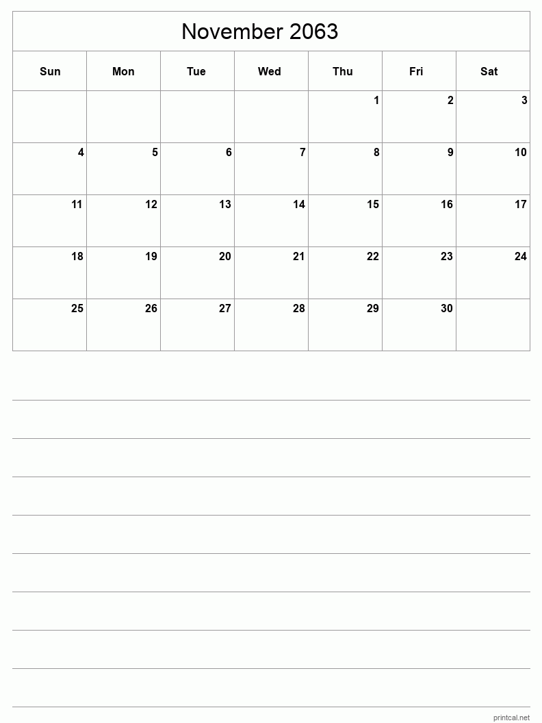 November 2063 Printable Calendar - Half-Page With Notesheet