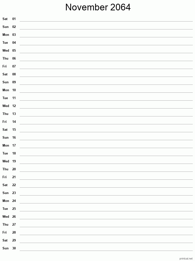 November 2064 Printable Calendar - Single Column Notesheet