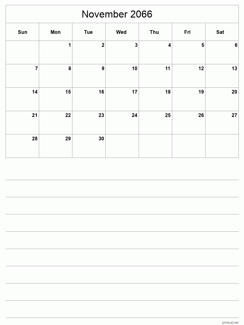 November 2066 Printable Calendar - Half-Page With Notesheet