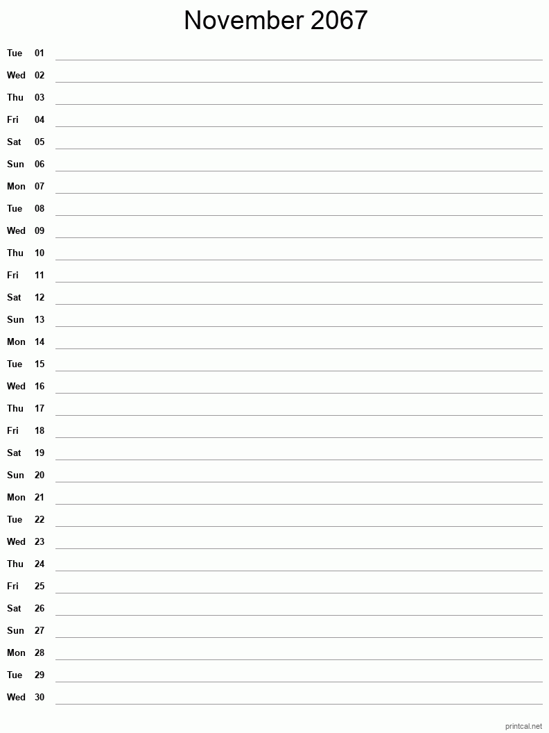 November 2067 Printable Calendar - Single Column Notesheet