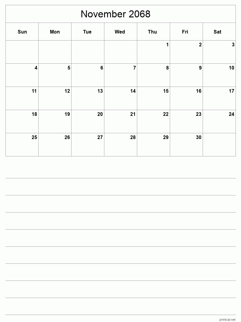 November 2068 Printable Calendar - Half-Page With Notesheet