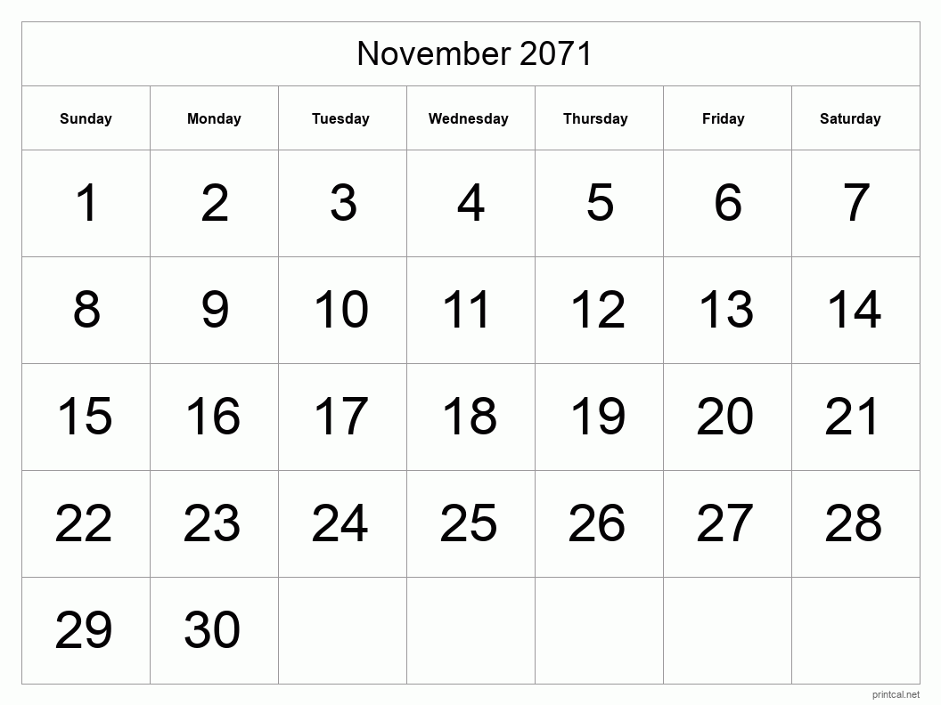 November 2071 Printable Calendar - Big Dates