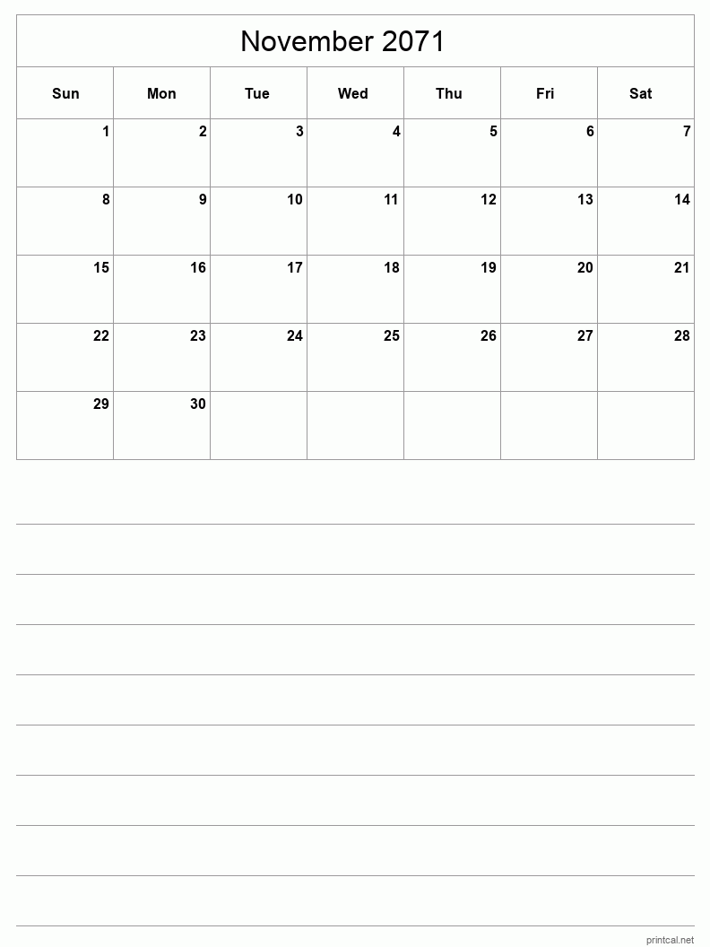 November 2071 Printable Calendar - Half-Page With Notesheet