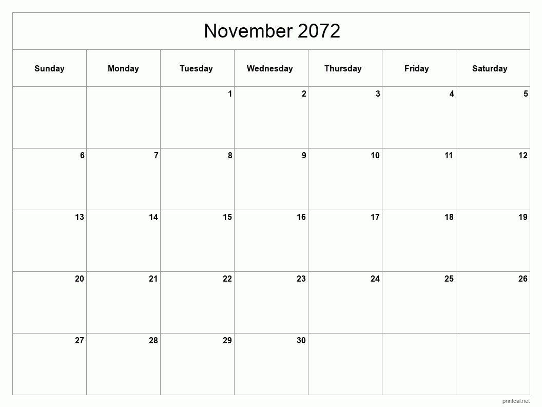 November 2072 Printable Calendar - Classic Blank Sheet