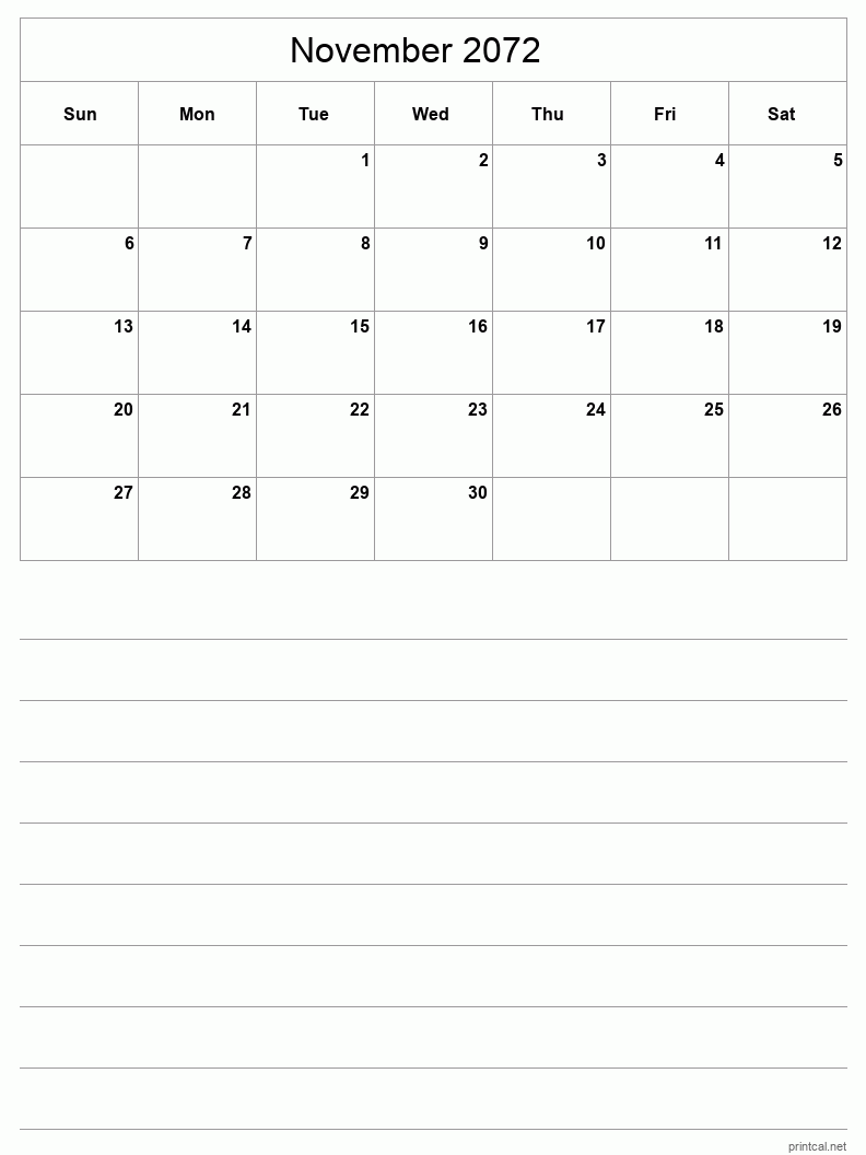 November 2072 Printable Calendar - Half-Page With Notesheet