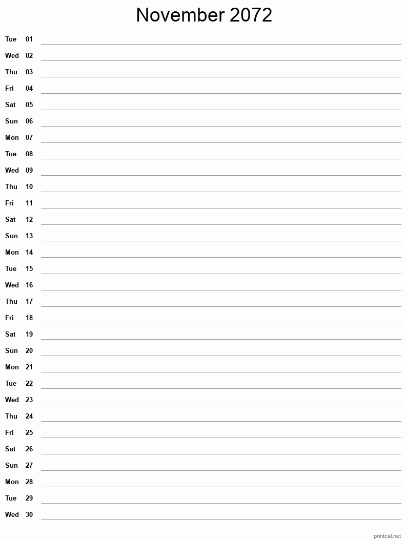 November 2072 Printable Calendar - Single Column Notesheet