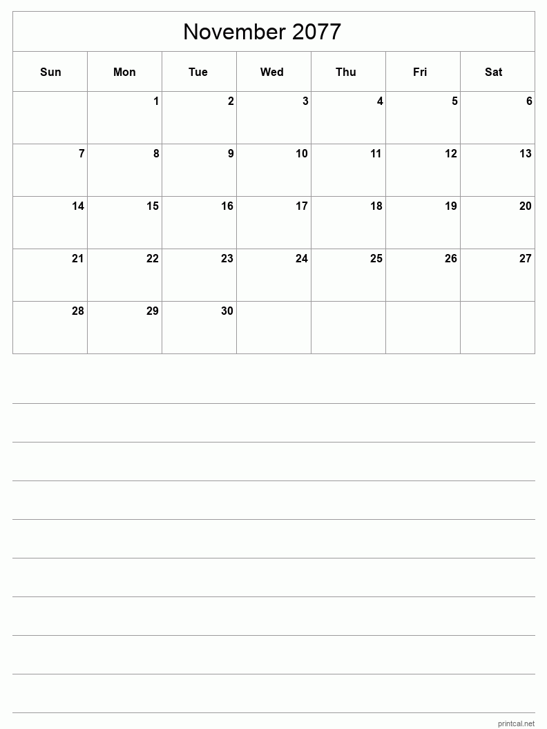 November 2077 Printable Calendar - Half-Page With Notesheet