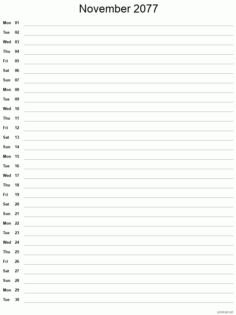 November 2077 Printable Calendar - Single Column Notesheet