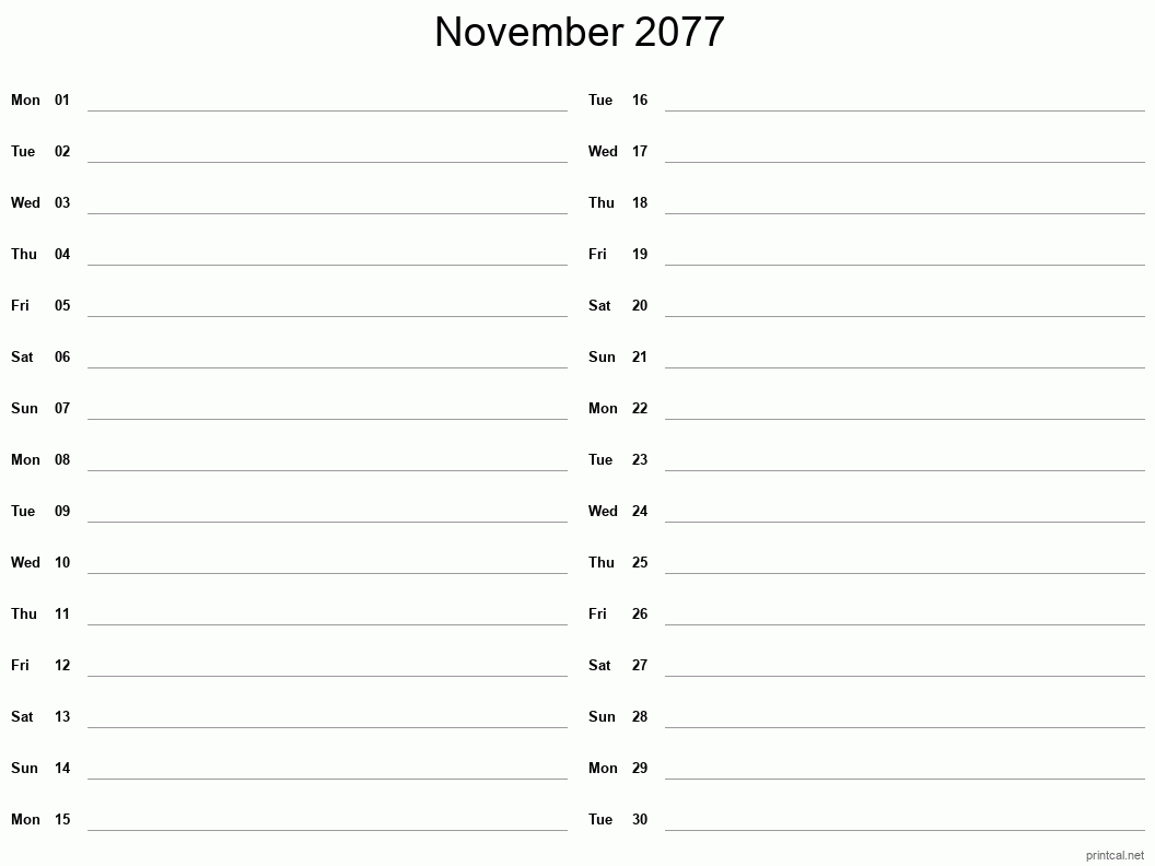 November 2077 Printable Calendar - Two Column Notesheet