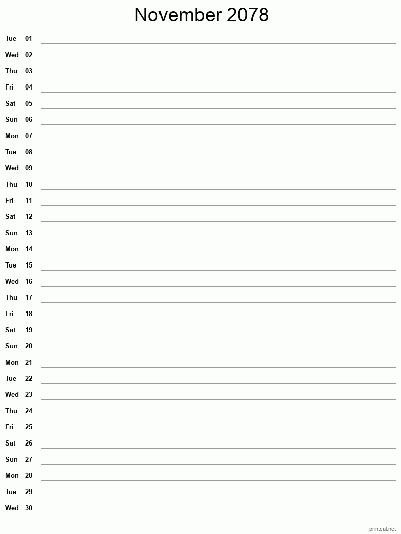 November 2078 Printable Calendar - Single Column Notesheet