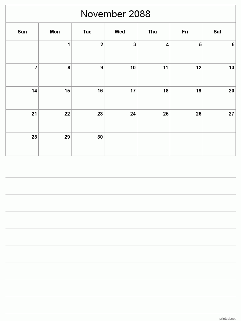 November 2088 Printable Calendar - Half-Page With Notesheet