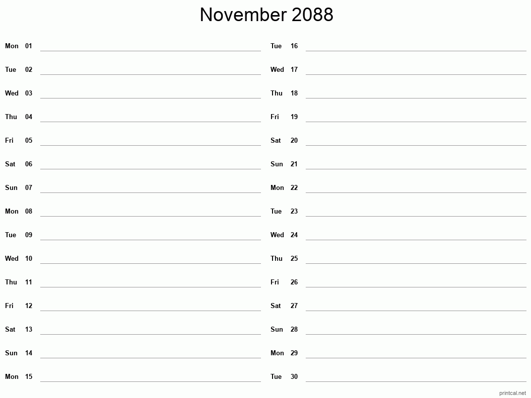 November 2088 Printable Calendar - Two Column Notesheet