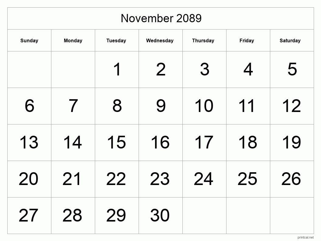 November 2089 Printable Calendar - Big Dates