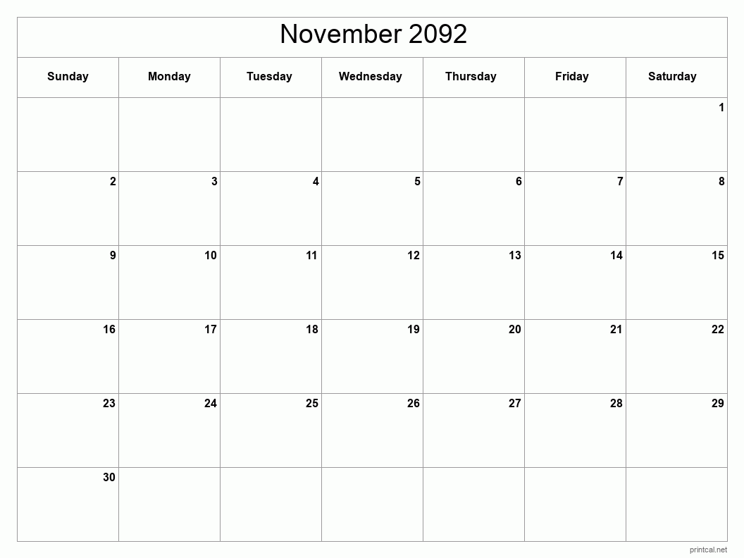 November 2092 Printable Calendar - Classic Blank Sheet