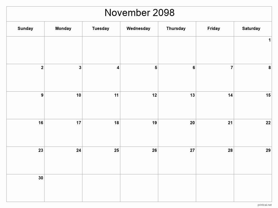 November 2098 Printable Calendar - Classic Blank Sheet