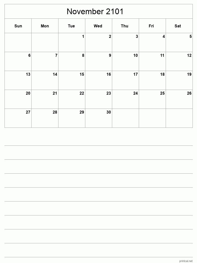 November 2101 Printable Calendar - Half-Page With Notesheet