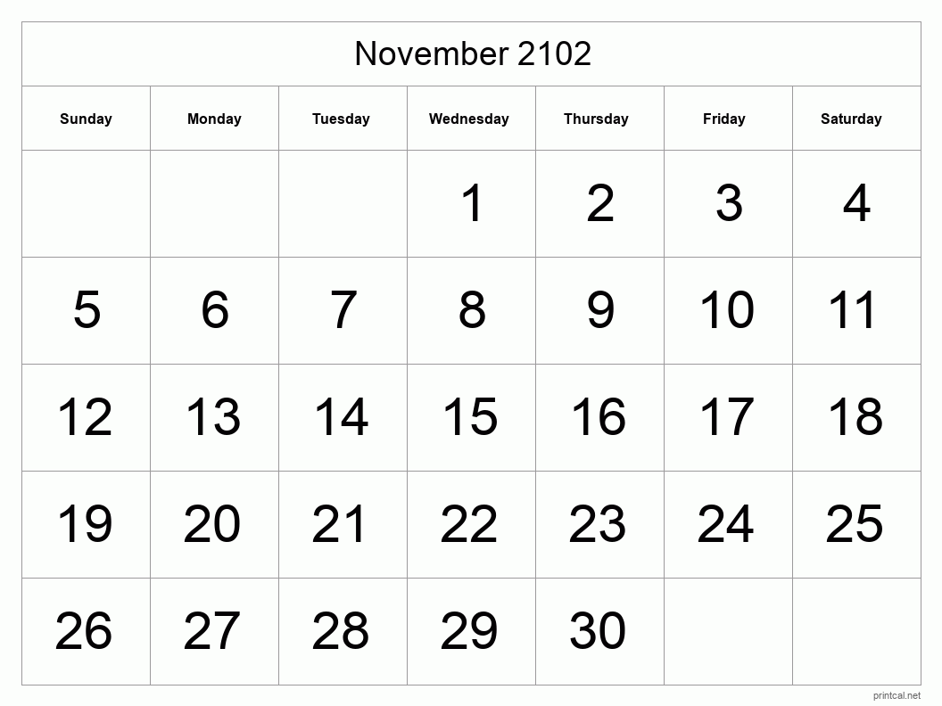 November 2102 Printable Calendar - Big Dates