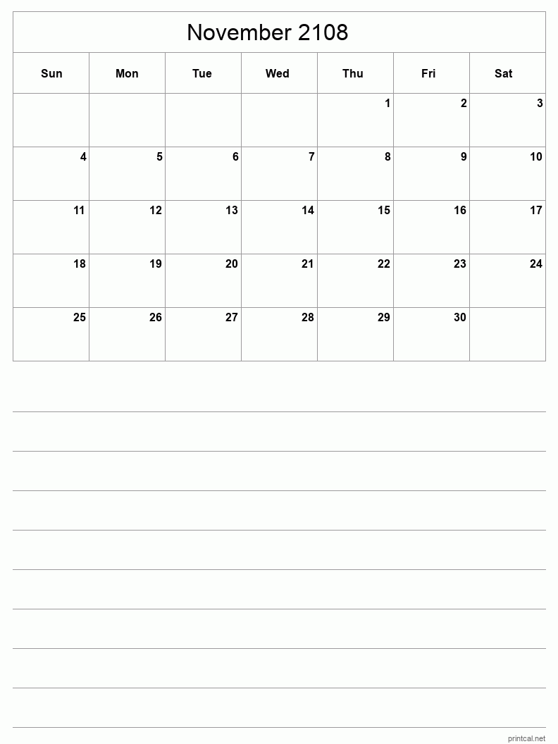 November 2108 Printable Calendar - Half-Page With Notesheet