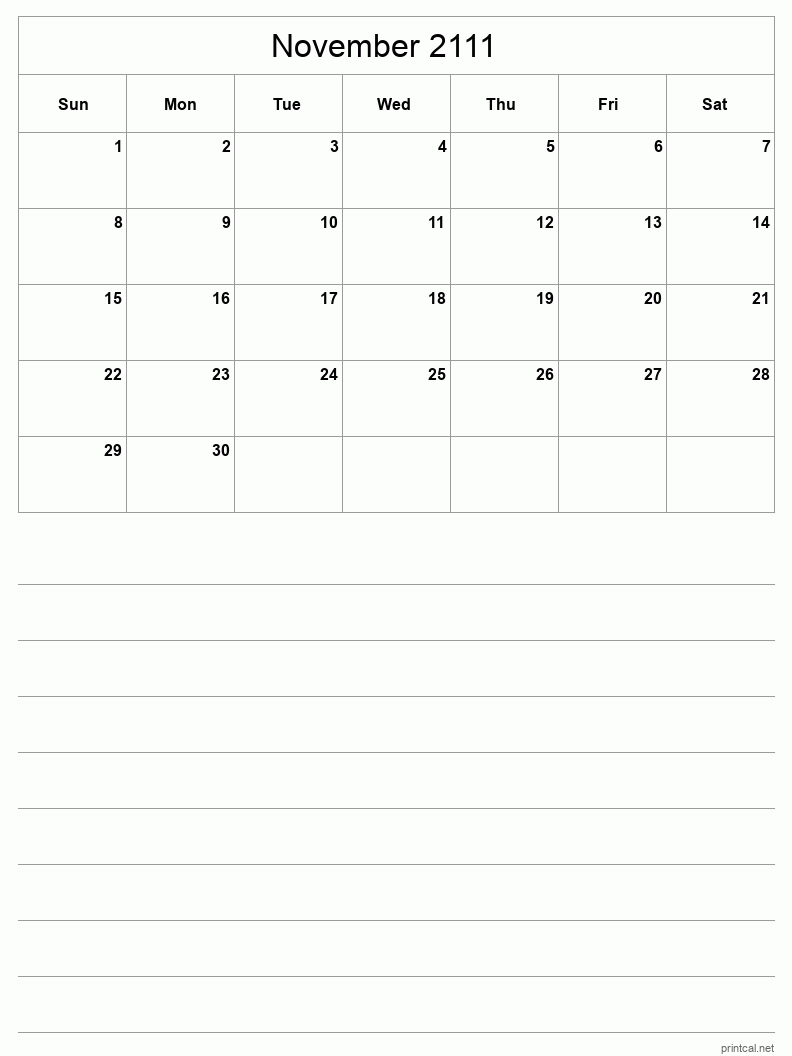 November 2111 Printable Calendar - Half-Page With Notesheet