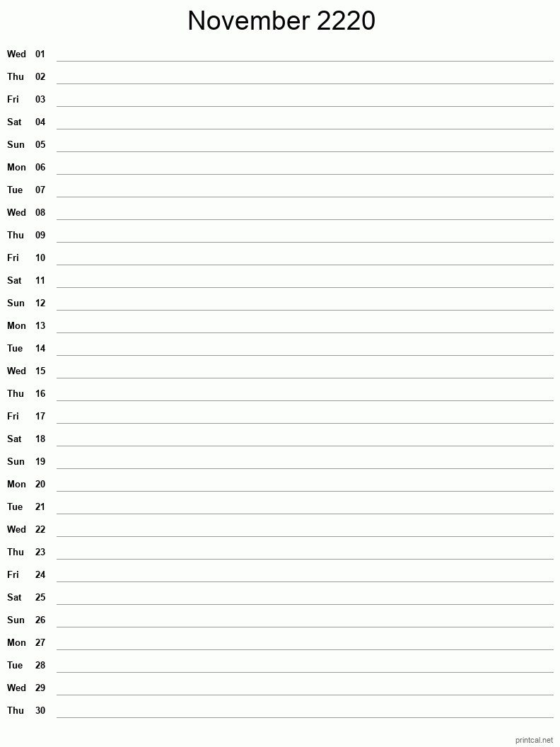November 2220 Printable Calendar - Single Column Notesheet