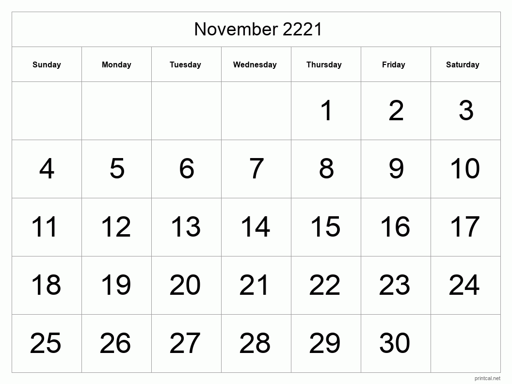 November 2221 Printable Calendar - Big Dates