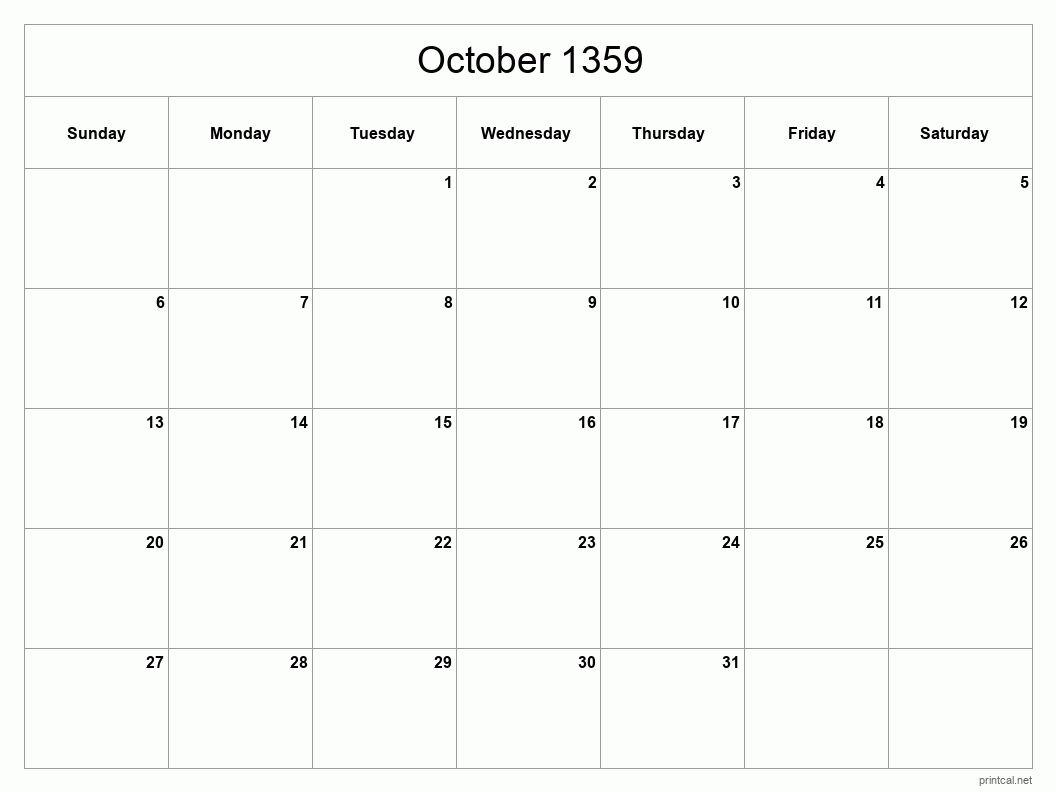 October 1359 Printable Calendar - Classic Blank Sheet
