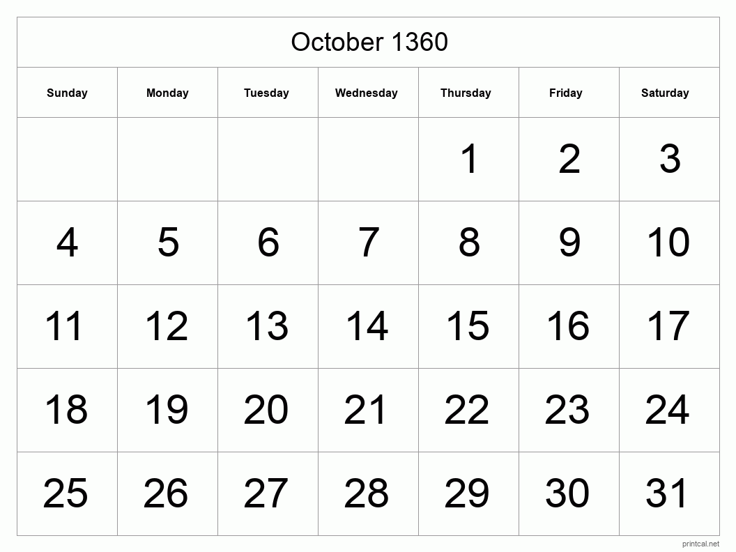October 1360 Printable Calendar - Big Dates